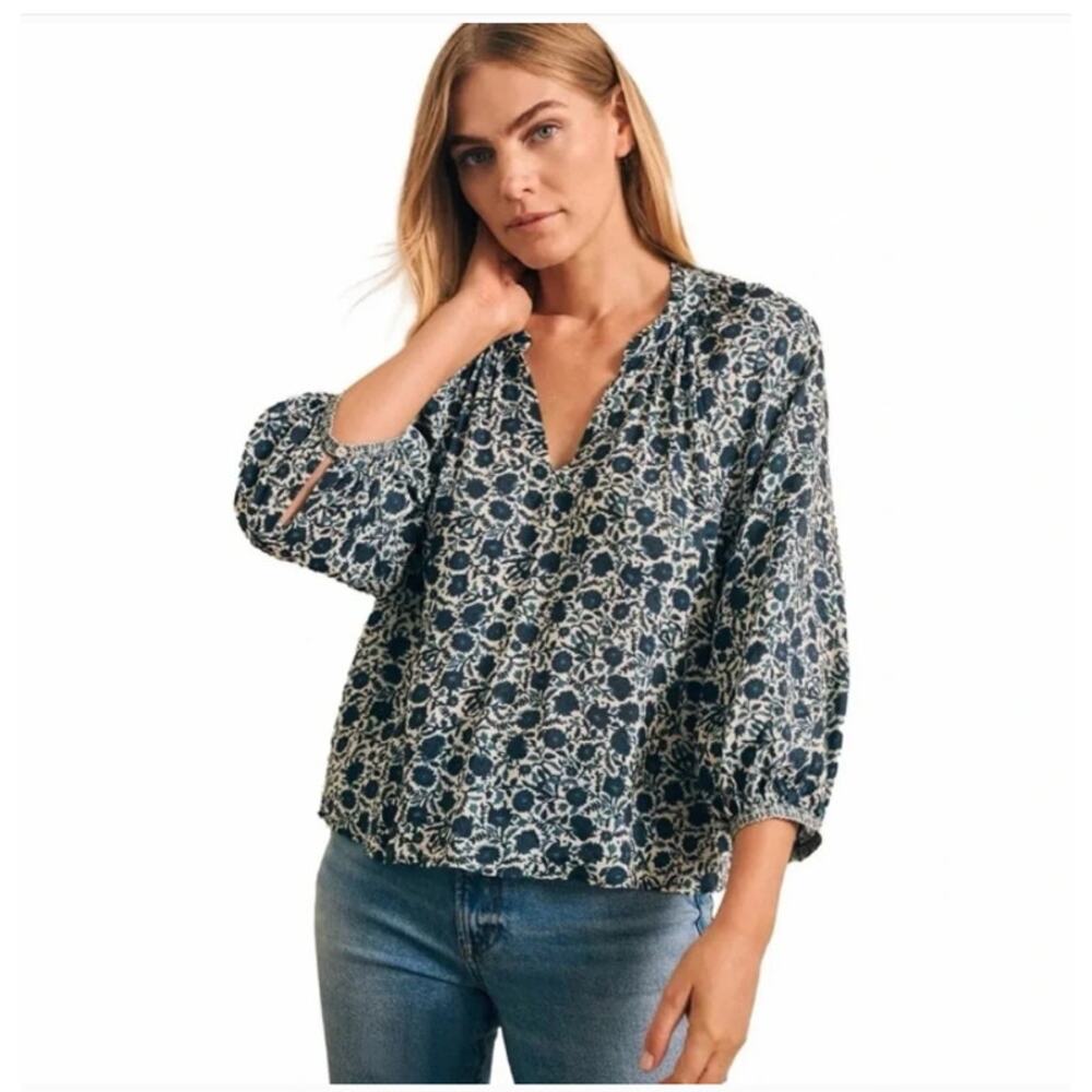 Faherty Portia Blouse Womens Small Navy Folly Floral Block Print Ecovero Boho